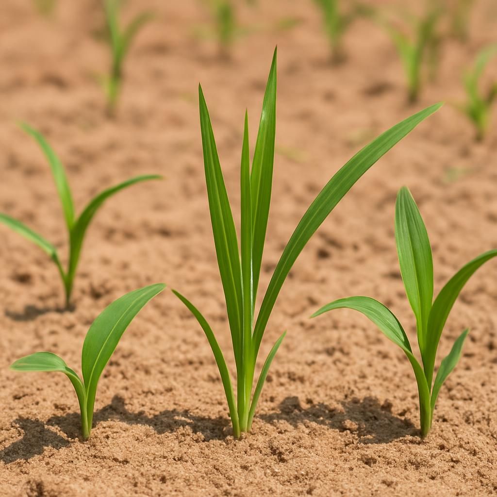 Close-up of striga witchweed shoots parasitizing sorghum roots in a dry field
