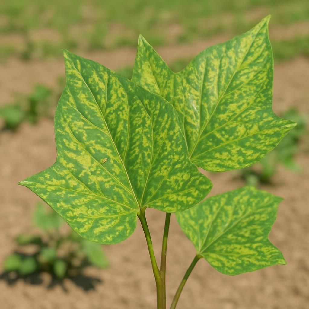 Sweet potato leaves displaying classic feathery mottle symptoms of SPFMV disease