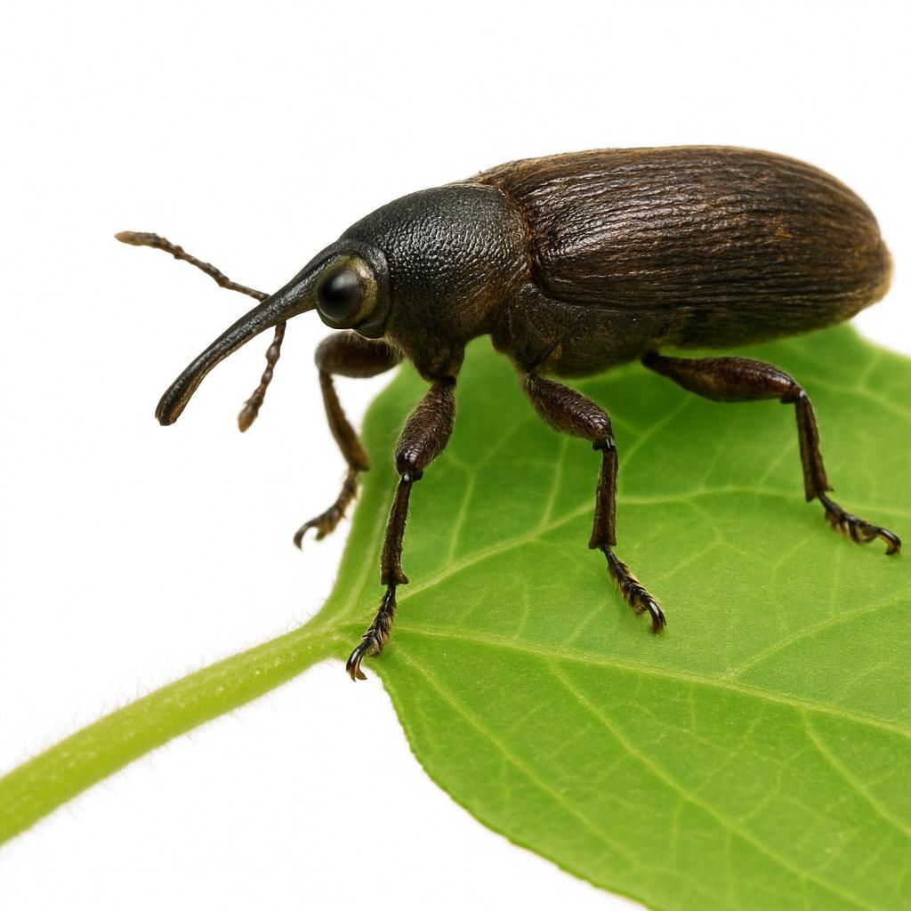 Adult sweet potato weevil on vine showing elongated snout and reddish-brown body