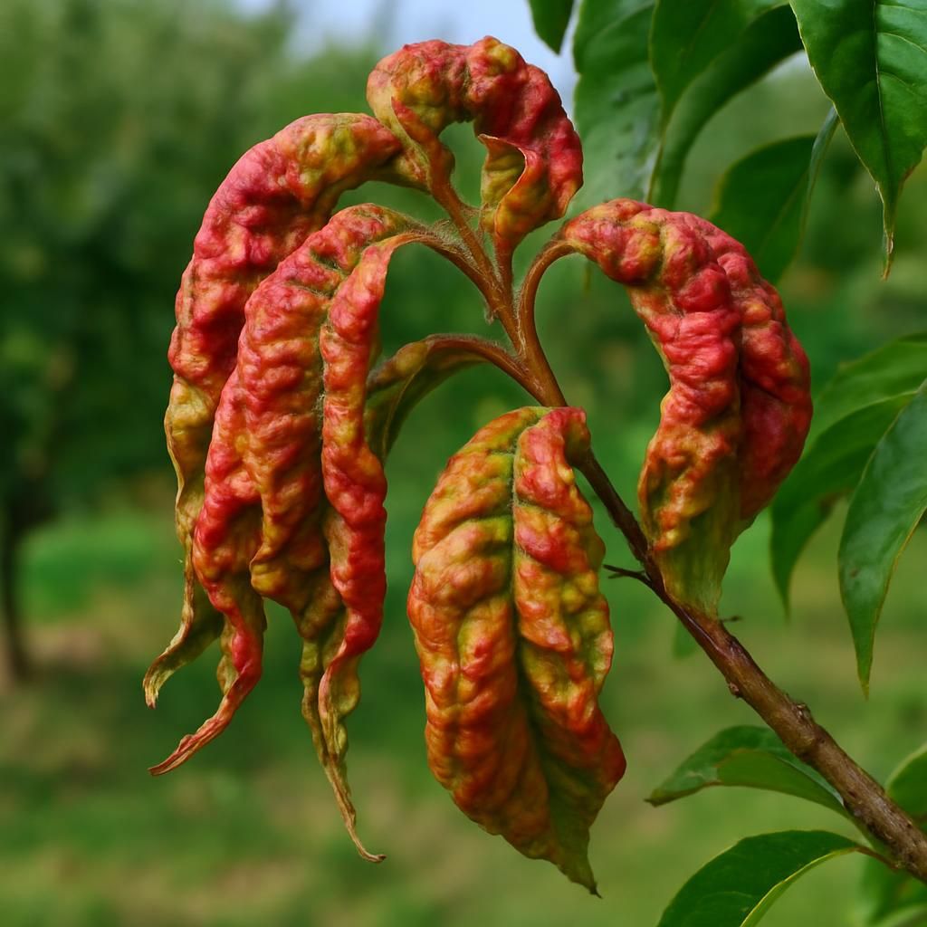 Close-up of peach leaves distorted by peach leaf curl disease caused by Taphrina deformans