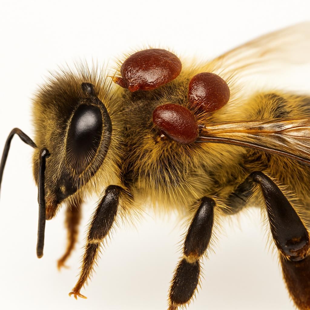 Close-up of Varroa destructor mites on honey bee thorax showing diagnostic features for identification