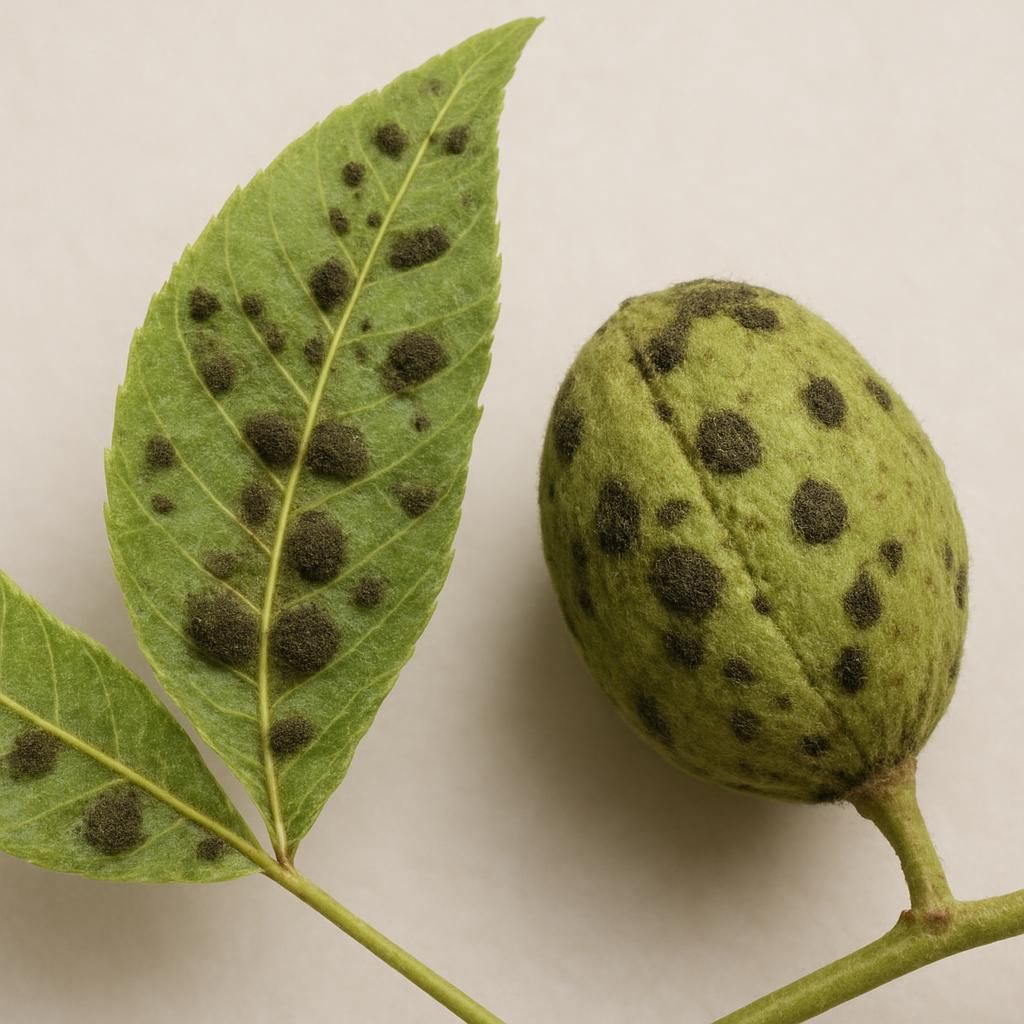 Close-up of Venturia effusa pecan scab lesions on pecan leaf and nut showing olive-green to black spots