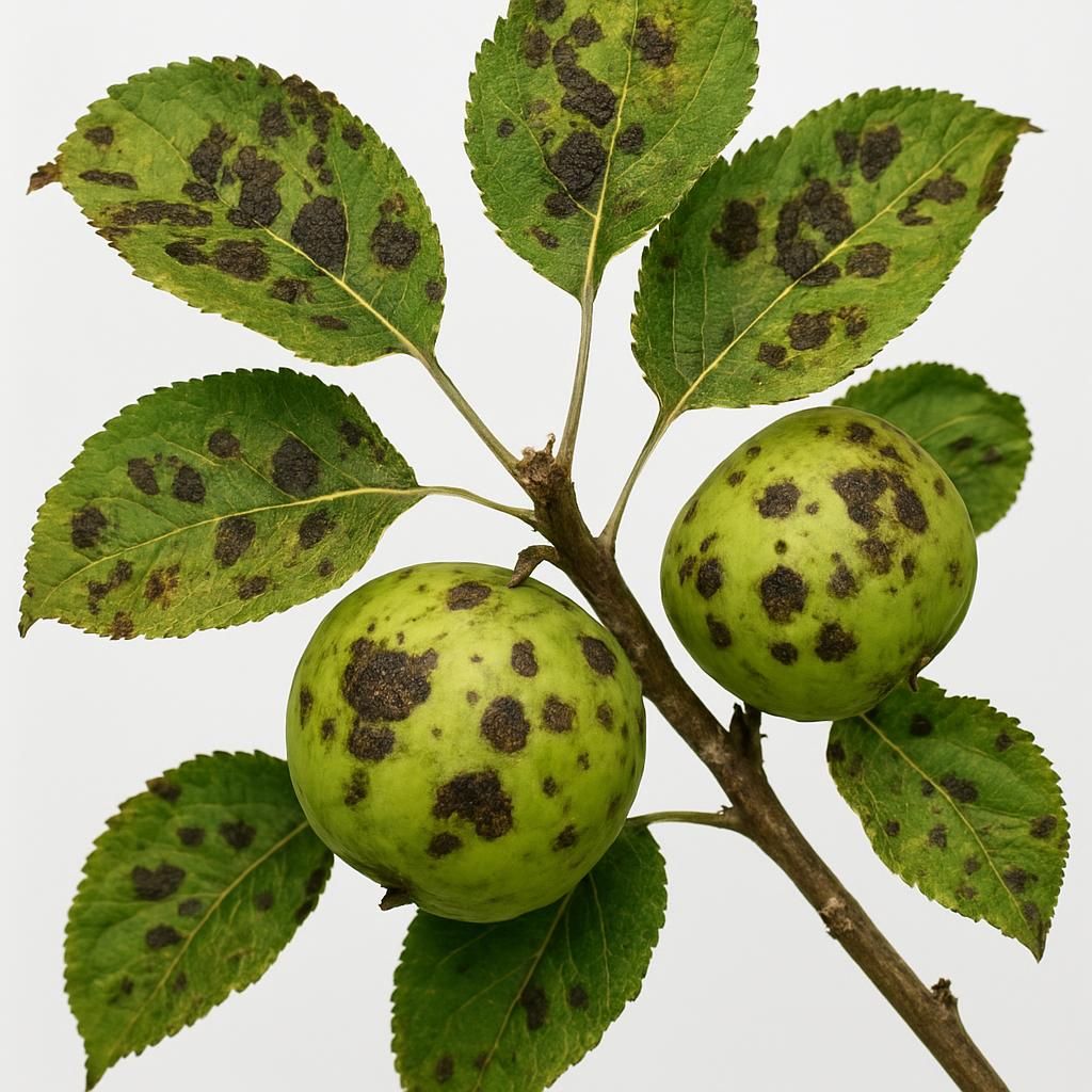 Close-up of apple scab lesions on leaves and fruit caused by Venturia inaequalis