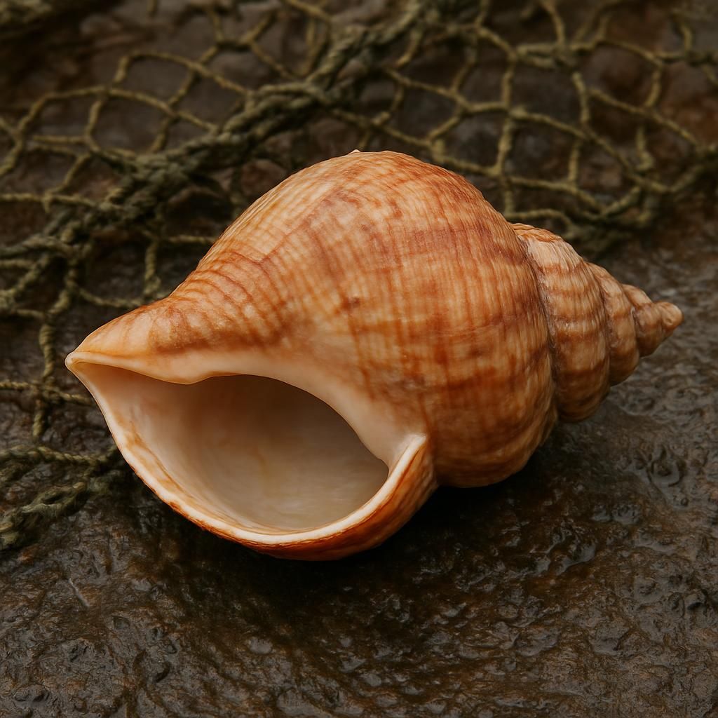 Close-up of whelk snail showing spiral shell near agricultural netting in coastal farming environment