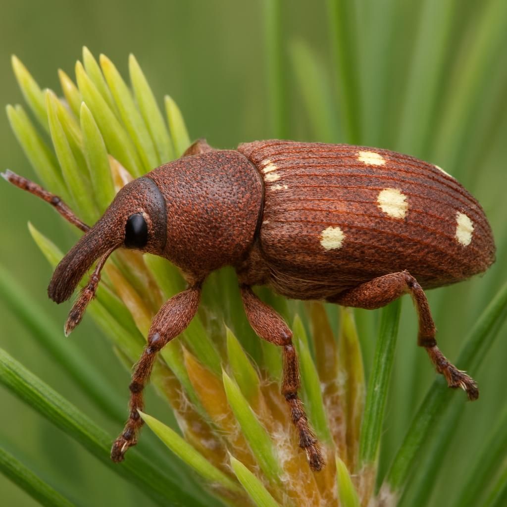 Adult white pine weevil on eastern white pine leader showing characteristic white spots